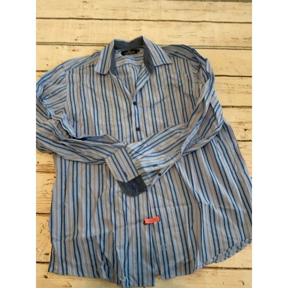 Bugatchi Uomo Mens Large Blue Striped Paisley Trim Long Sleeve Button Down Shirt